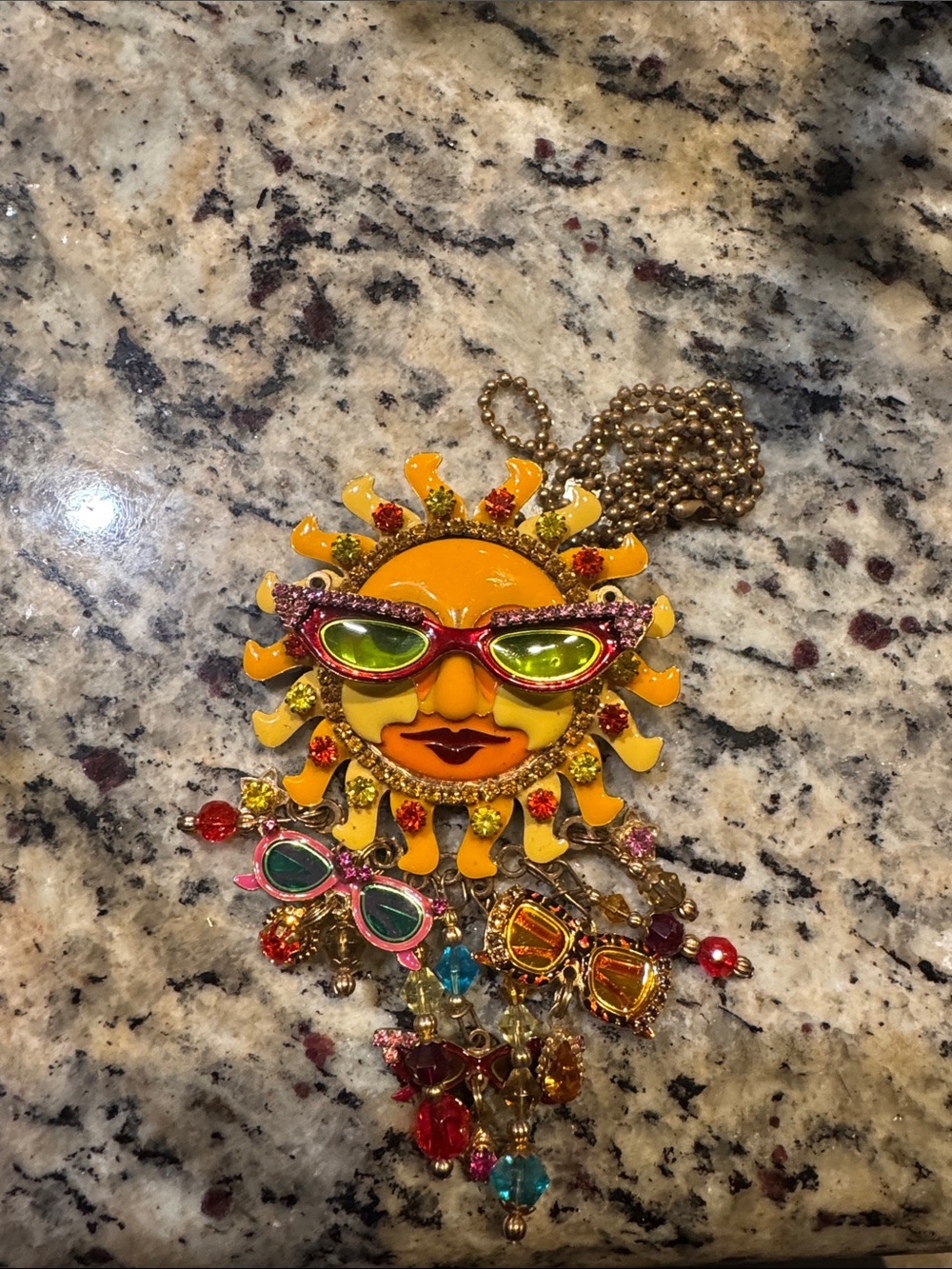 Vintage Lunch At The Ritz Sun Face Pendant Necklace with Yellow Sunburst